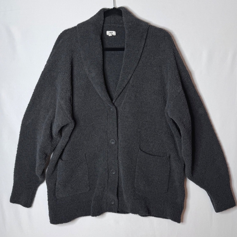 Aerie Soft Plush Cardigan Womens XL Gray Fuzzy Knit Shawl Collar Cozy Comfy
